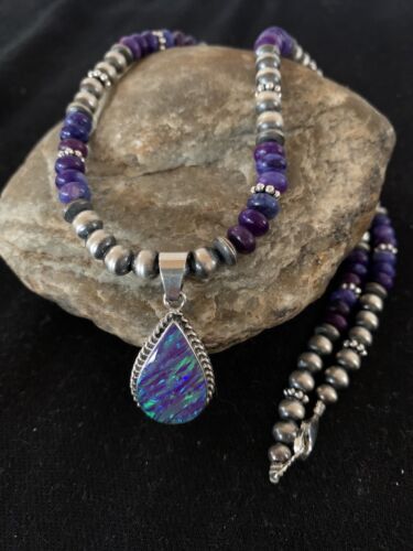 Native Navajo Sterling Silver Purple Opal Sugilite Necklace Pendant Set413