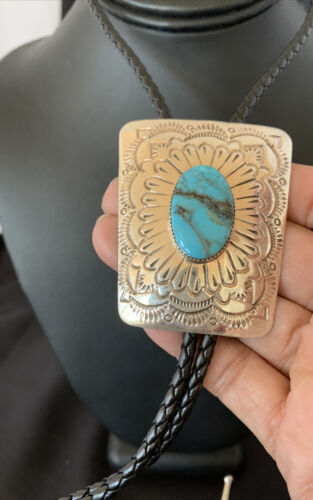 Men's Bolo Tie | Navajo Blue Kingman Turquoise | Sterling Silver | Authentic Native American Handmade | 12144