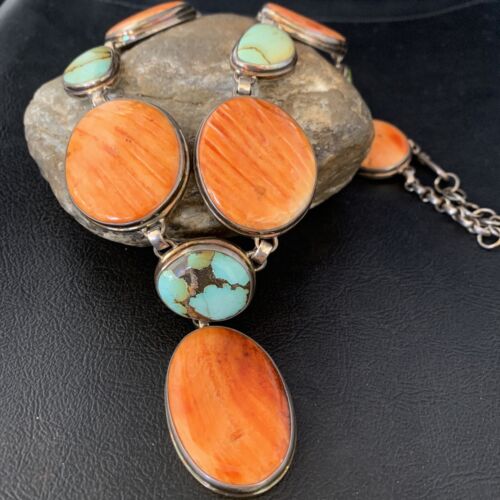 Navajo Lariat Necklace with Green Royston Turquoise & Spiny Oyster Pendant | Sterling Silver | 20" | 13888