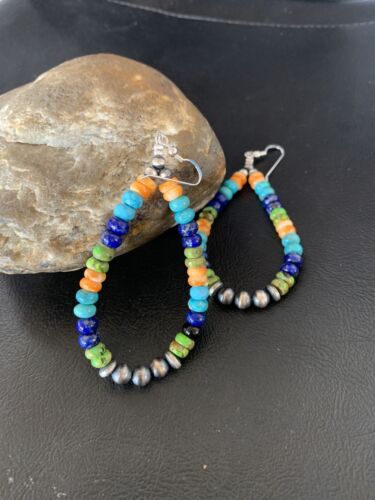 Navajo Multi-Color Lapis Spiny Turquoise Dangle Earrings | Sterling Silver | Authentic Native American Handmade | 12978