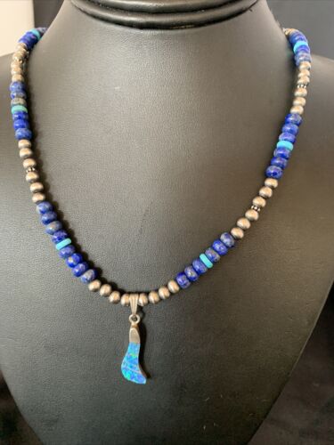 Men's Navajo Blue Lapis Turquoise Opal Inlay Pendant Necklace | Sterling Silver | 22" | 13386