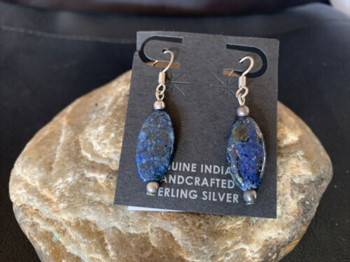 Navajo Blue Lapis Lazuli Bead Dangle Drop Earrings | Sterling Silver | Authentic Native American Handmade | 13062
