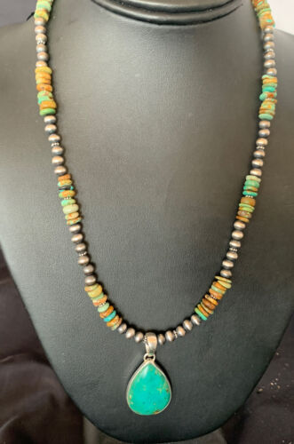 Navajo Royston Bead Green Turquoise Necklace Pendant | Sterling Silver | Authentic Native American Handmade | 11868