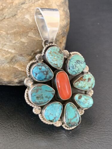 Navajo Cluster Coral Spiderweb Turquoise Pendant | Sterling Silver | Authentic Native American Handmade | 2227