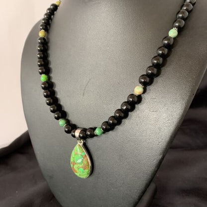 Navajo Pearls Onyx Mojave Turquoise Pendant Necklace | Sterling Silver | Authentic Native American Handmade | 10346