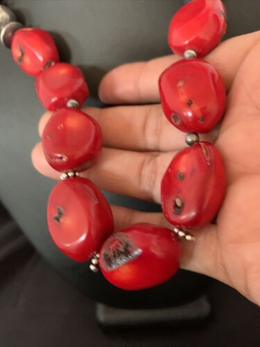 Navajo Red Coral Bead Necklace | Sterling Silver | Graduated | Authentic Native American | 21" | 13199