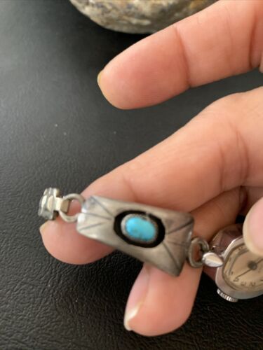 Navajo Sterling Silver Watch Tips | Old Pawn Turquoise Shadowbox | Authentic Native American Jewelry | 1449