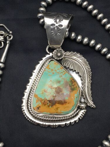 Navajo Pearls Sterling Silver Royston Turquoise Necklace Pendant Set | 2.75" | Authentic Native American Handmade | 2880