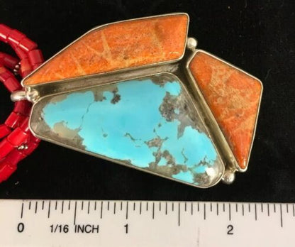 Navajo Spiny Oyster & Turquoise Pendant | Sterling Silver Coral Bead Necklace | Multi-Strand | 8477
