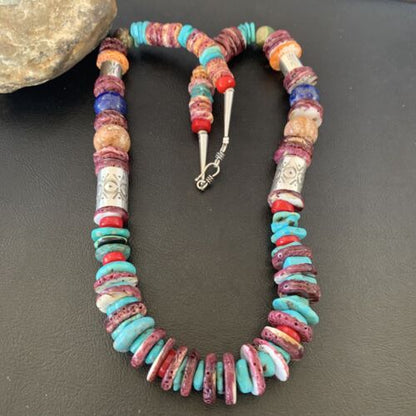 Navajo Turquoise Spiny Oyster Coral Lapis Necklace | Sterling Silver | 24" | 10824