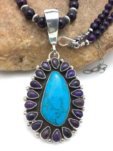Navajo Purple Sugilite Turquoise Necklace | Sterling Silver | 23" | Authentic Native American Handmade  | 1001