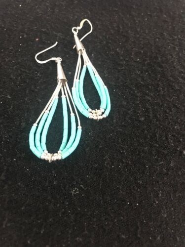 Navajo Liquid Silver Heishi Dangle Turquoise Earrings | Sterling | 2" | Southwestern