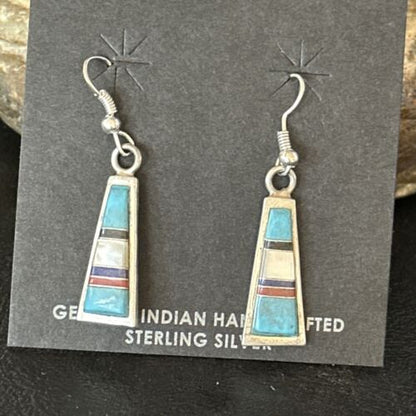 Navajo Multi-Color Turquoise Mother of Pearl Inlay Earrings | Sterling Silver | Authentic Native American Handmade | 14655