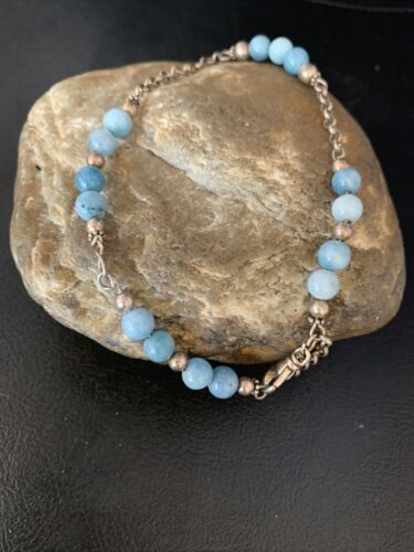 Navajo Blue Larimar Link Bracelet | Sterling Silver | 6mm | 8.5" | Authentic Native American Handmade | 14186