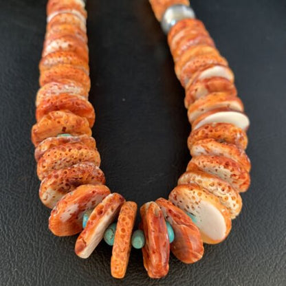 Orange Spiny Oyster & Blue Turquoise Graduated Necklace | Sterling Silver | Authentic Native American | 28" | 13713