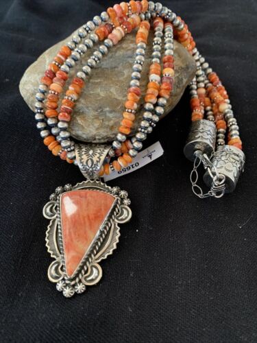 Navajo Red Spiny Oyster Pendant | Sterling Silver | Native American Handmade | Multi-Strand Necklace | 1659
