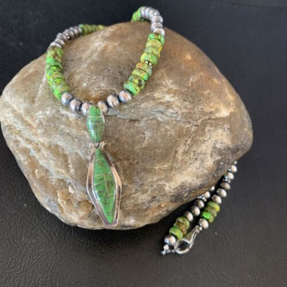 Navajo Green Gaspeite Turquoise Inlay Pendant | Sterling Silver | Authentic Native American Handmade | 13267
