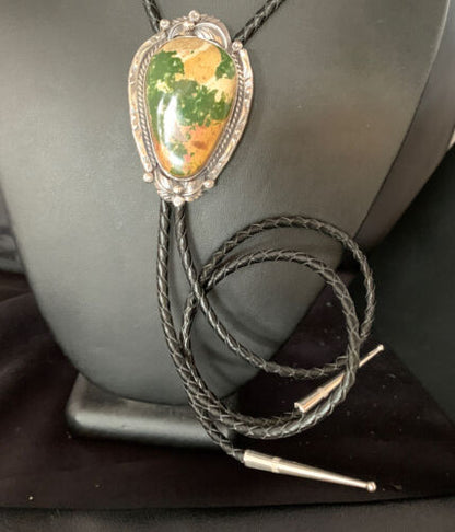 Navajo Green Royston Turquoise Bolo Tie | Sterling Silver | Authentic Native American Handmade | 14107