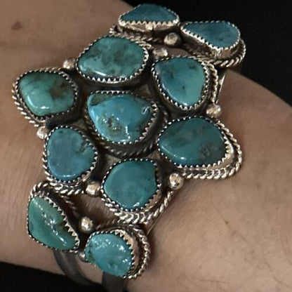 Men's Sterling Silver Cuff Bracelet | Blue Kingman Turquoise Cluster | Authentic Native American Handmade | 14596