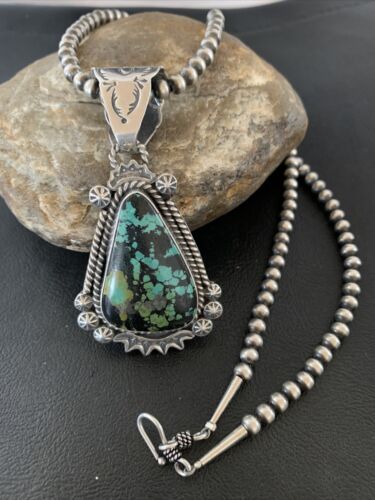 Men's Navajo Green Spiderweb Turquoise Pendant | Sterling Silver Necklace | Authentic Native American Handmade | 01978