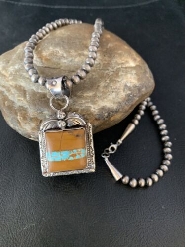 Men's Blue Boulder Turquoise Necklace Pendant | Sterling Silver | Navajo Handmade | 13767