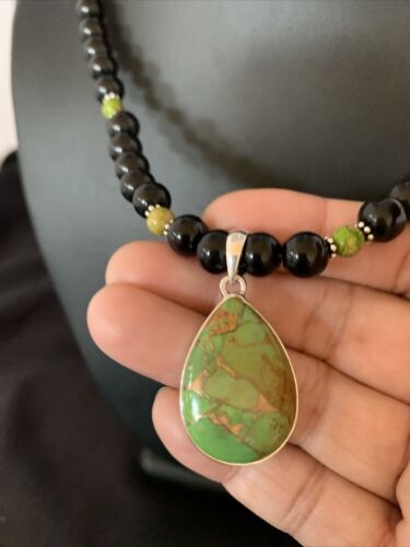 Navajo Pearls Onyx Mojave Turquoise Necklace Pendant | Sterling Silver | Authentic Native American Handmade | 13252