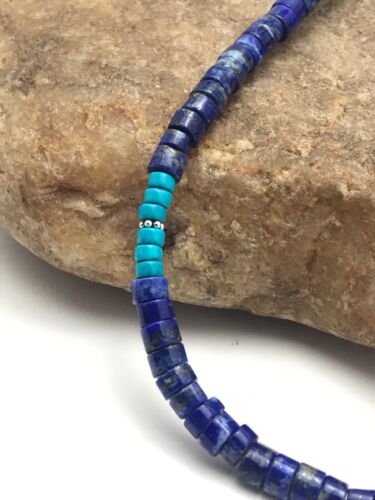 Navajo Lapis & Turquoise Beads Necklace | Sterling Silver | 19" | Authentic Native American Handmade | 3218
