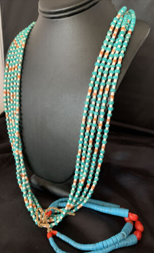 Native American Santo Domingo Spiny Blue Turquoise Shell Jacla Necklace | 5 Strand | 36" | 13188
