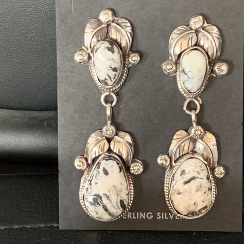 Navajo White Buffalo Turquoise Dangle Earrings Set | Sterling Silver | Authentic Native American Handmade | 13753
