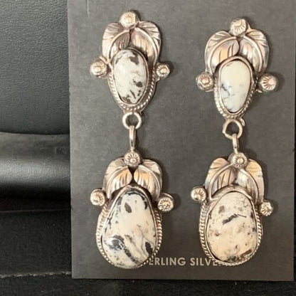 Navajo White Buffalo Turquoise Dangle Earrings Set | Sterling Silver | Authentic Native American Handmade | 13753