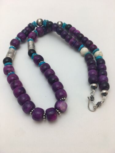 Navajo Purple Sugilite Turquoise Bead Necklace | Sterling Silver | Authentic Native American Handmade | 22" | 8913