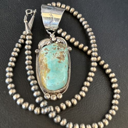 Navajo Pearls Sterling Silver Necklace with Blue Turquoise #8 Pendant | Authentic Native American Handmade | 14809