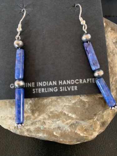 Navajo Denim Lapis Lazuli Bead Dangle Drop Earrings | Sterling Silver | Authentic Native American Handmade | 13040