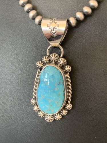 Men's Navajo Pearls Necklace with Blue Kingman Turquoise Pendant | Sterling Silver | Authentic Native American Handmade | 839