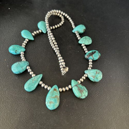 Navajo Teardrop Blue Turquoise Necklace | Sterling Silver Pearls | Authentic Native American Handmade | 14388