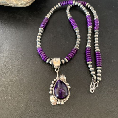 Navajo Pearls Purple Sugilite Necklace Pendant | Sterling Silver | Authentic Native American Handmade | 10720