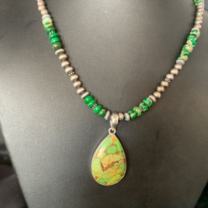 Navajo Green Mojave Turquoise Pendant Necklace | Sterling Silver | Native American Handmade | 13461