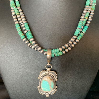 Navajo Royston Turquoise Pendant | Sterling Silver | 3-Strand Spiny Necklace | Authentic Native American Handmade | 01676