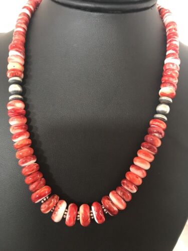 Navajo Red Spiny Oyster Necklace | Sterling Silver | Authentic Native American | Graduated 18" | 12715