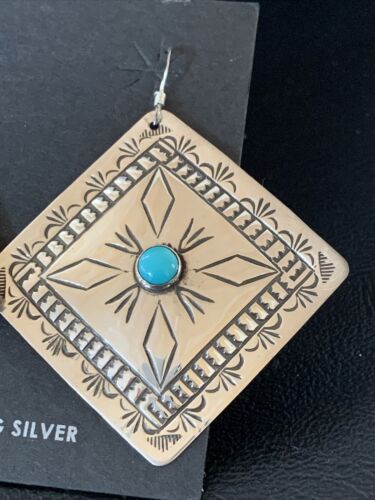 Navajo Blue Turquoise Earrings | Stamped Sterling Silver | Authentic Native American Handmade | 13324