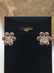 Native American Zuni Cluster Necklace and Coral Earrings Set | Sterling Silver | 0.6" | 1074