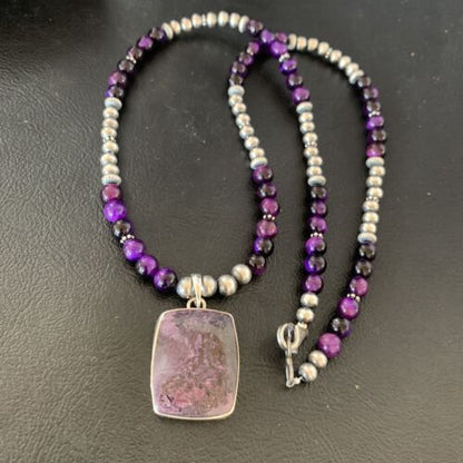 Navajo Pearls Purple Sugilite Onyx Necklace Pendant | Sterling Silver | Authentic Native American Handmade | 13395