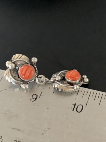 Navajo Red Spiny Oyster Dangle Earrings | Sterling Silver | Authentic Native American Handmade | 2059