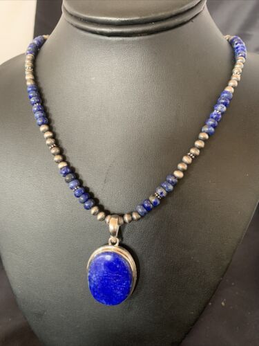 Native American Navajo Blue Lapis Pendant Necklace | Sterling Silver | Authentic Handmade | 11913 - Masha USA