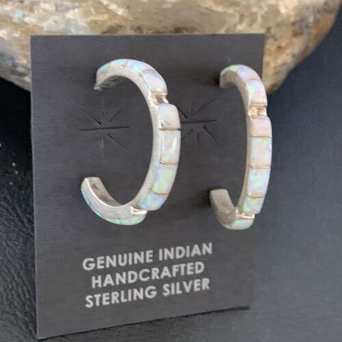 Navajo White Opal Inlay Hoop Earrings | Sterling Silver | 1" | Authentic Native American Handmade | 12128