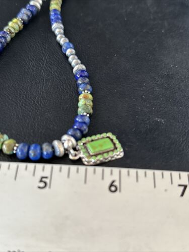Navajo Green Turquoise and Lapis Pendant Necklace | Sterling Silver | Authentic Native American Handmade | 14634