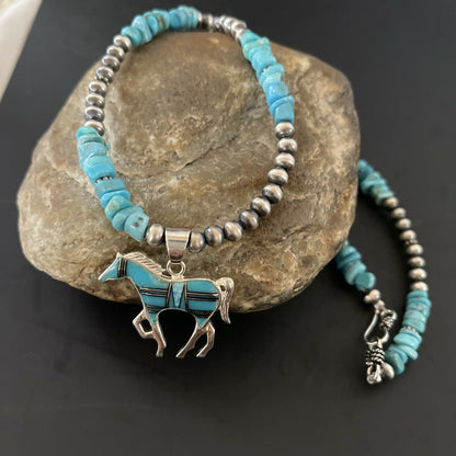Navajo Horse Inlay Pendant | Blue Turquoise Opal | Sterling Silver | Authentic Native American Handmade | 11328