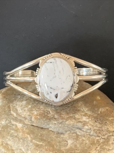 Navajo White Buffalo Turquoise Cuff Bracelet | Sterling Silver | Authentic Native American Handmade | 1389 - Masha USA