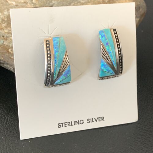 Navajo Blue Opal Turquoise Inlay Earrings | Sterling Silver | Authentic Native American Handmade | 12116
