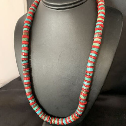 Southwestern Men's Heishi Turquoise Coral Necklace | Sterling Silver | Authentic Native American Handmade | 23" | 13927
